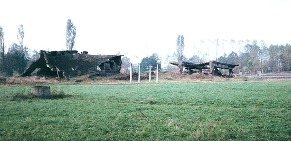 A manhole cover of the drainage system at Birkenau and the ruins of Krema II
