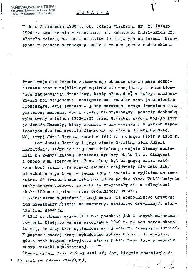 1. Prima pagina della relazione della signora J&oacute;zefa Wisiska